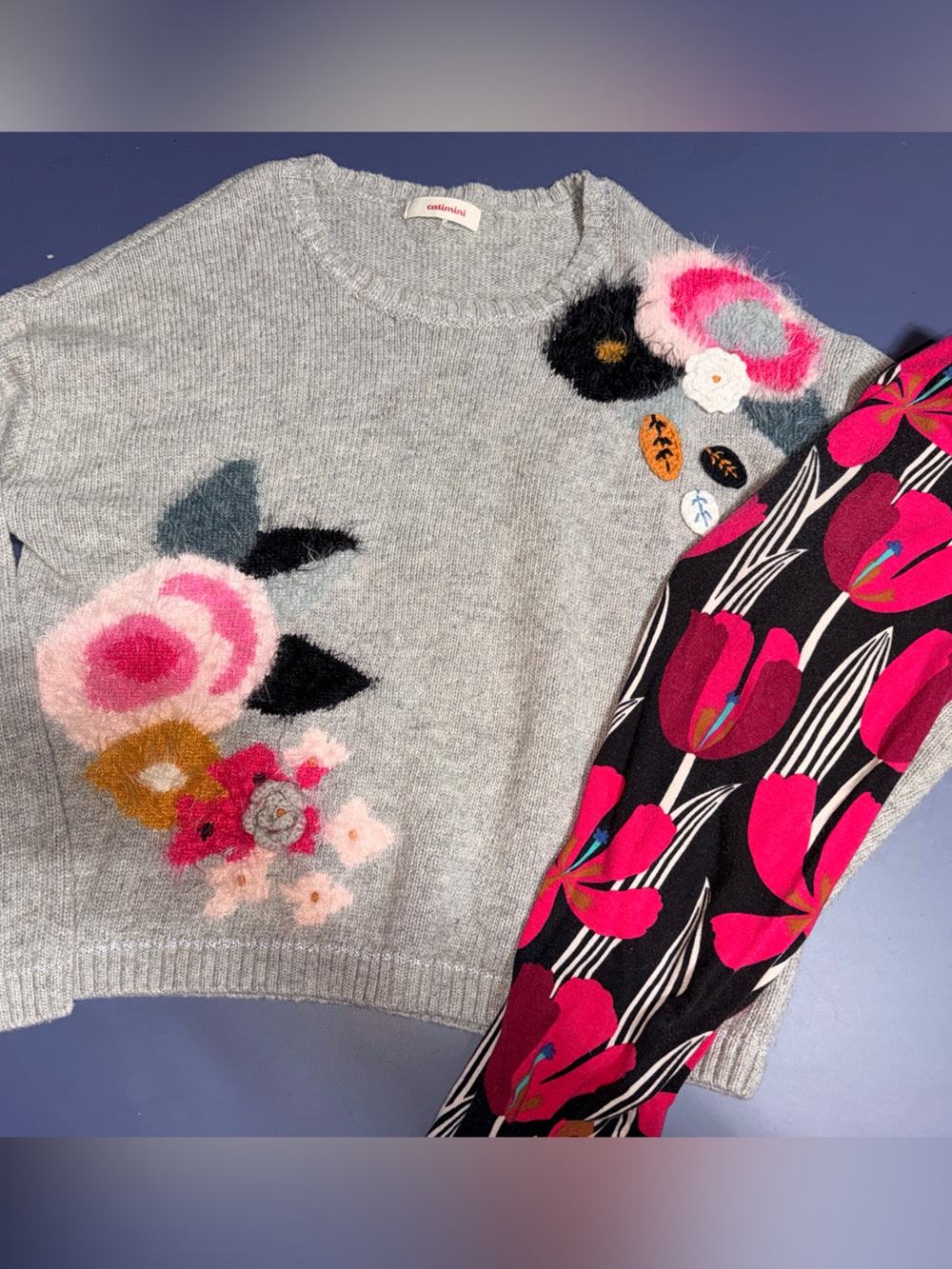 Catimini Gray Knit Sweater with Pink Floral Appliqués